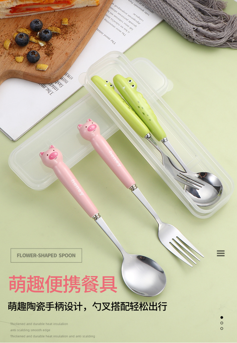 陶瓷柄不锈钢勺叉筷子 高颜值卡通动物调羹学生长柄餐具套装可爱详情2