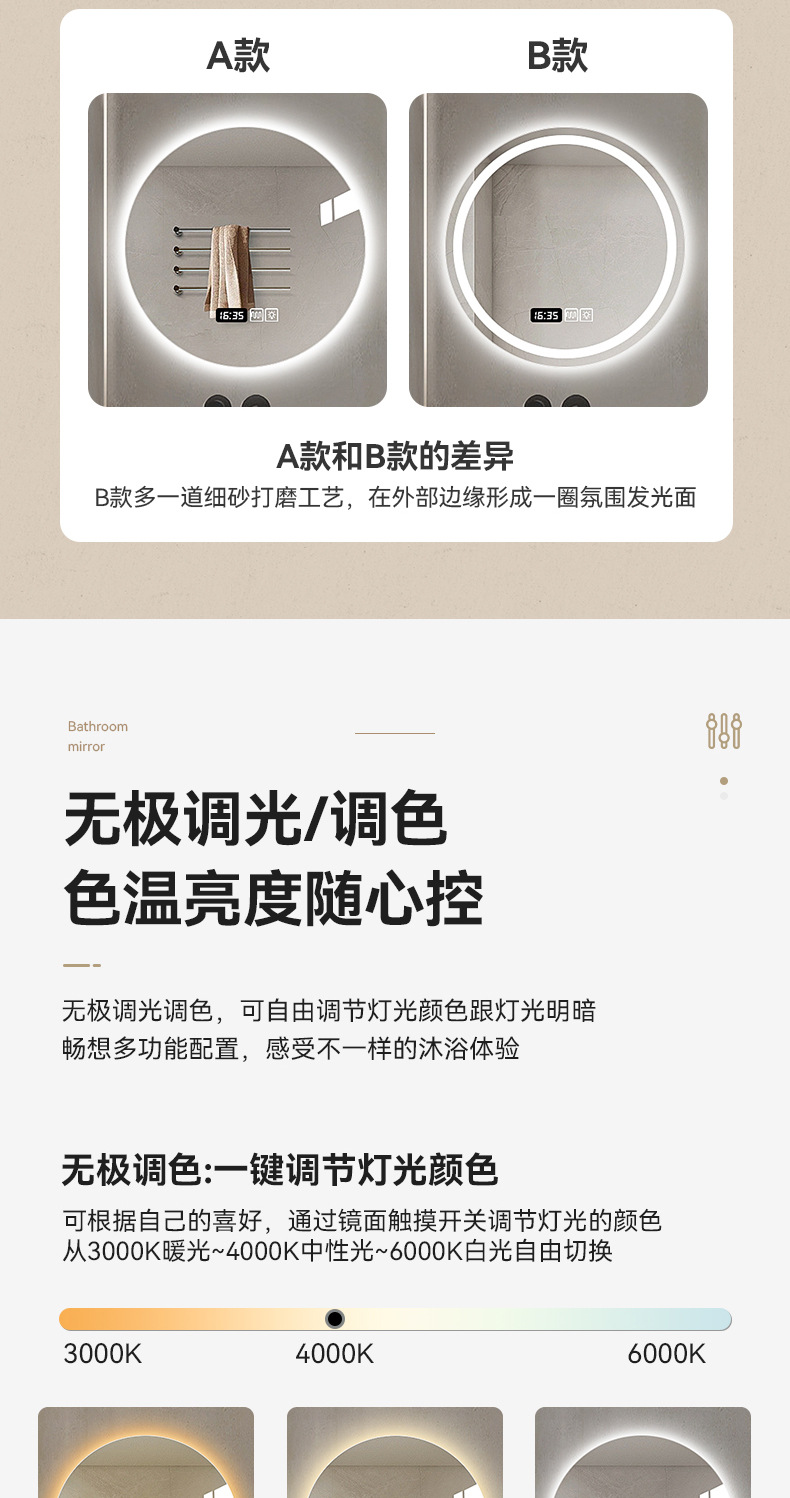 卫生间高清智能镜子触摸屏led发光防雾北欧浴室圆形厂家酒店跨境详情4