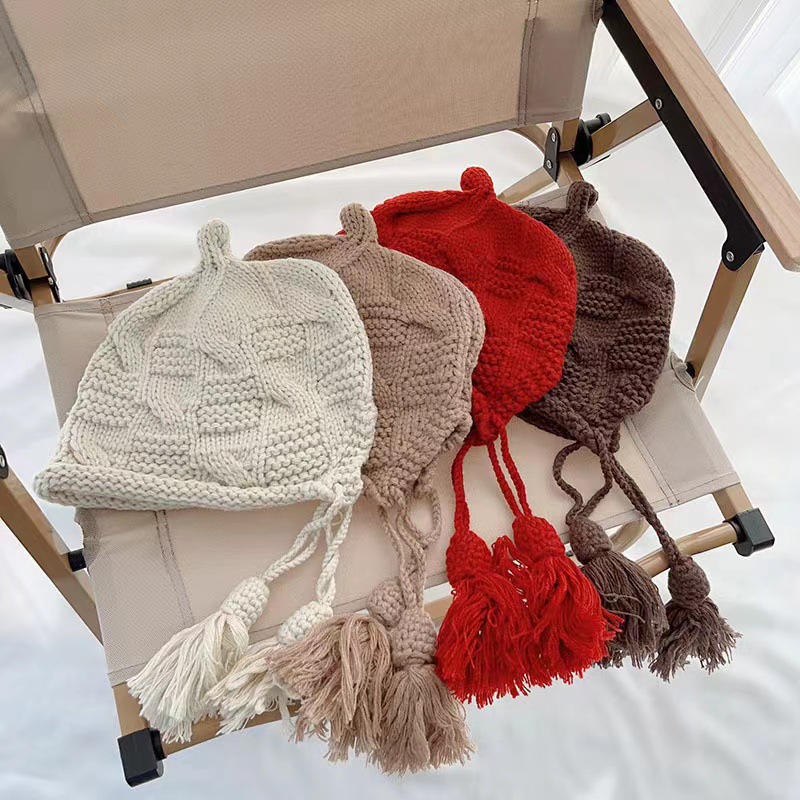 女童秋冬加厚流苏系带套头帽洋气手工针织帽新年红色帽保暖包头帽详情9