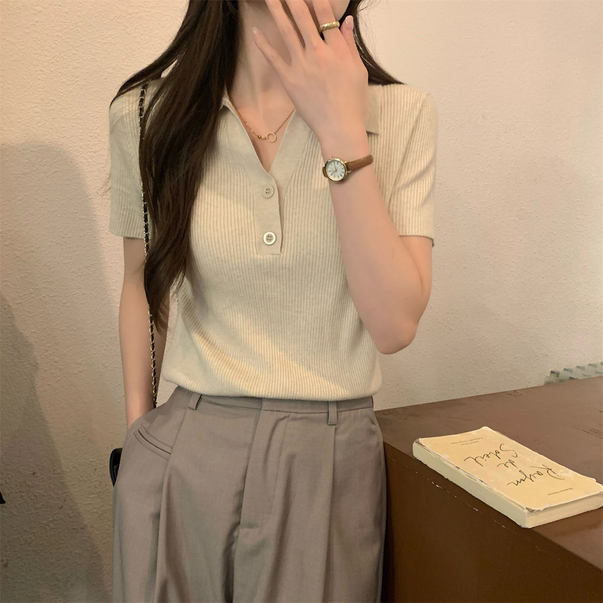 韩系坑条针织T恤夏季修身显瘦polo翻领正肩短袖女上衣气质打底衫详情20
