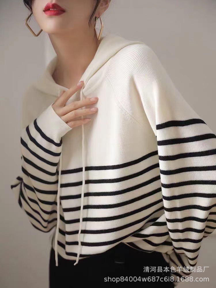 哥块团弟同款羊毛针织连帽毛衫女套头条纹宽松打底衫针织衫代发详情4