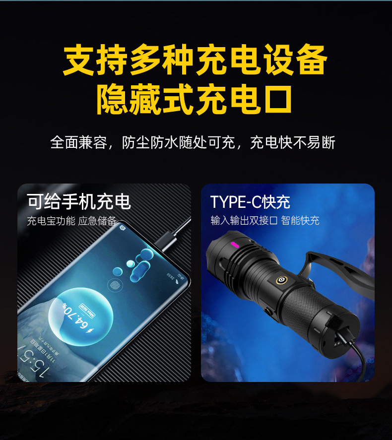 Cross-border high-power White Aurora flashlight, outdoor lighting, waterproof strong light, multi-functional emergency telescopic zoom flashlight pic 10