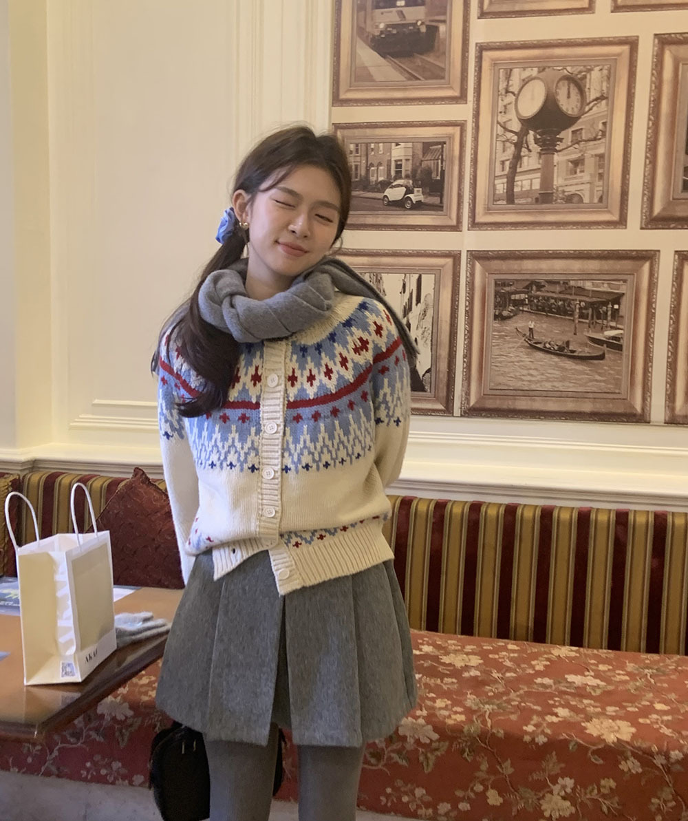 费尔岛复古美式少女撞色波普提花单排扣针织开衫厚实保暖毛衣外套详情49