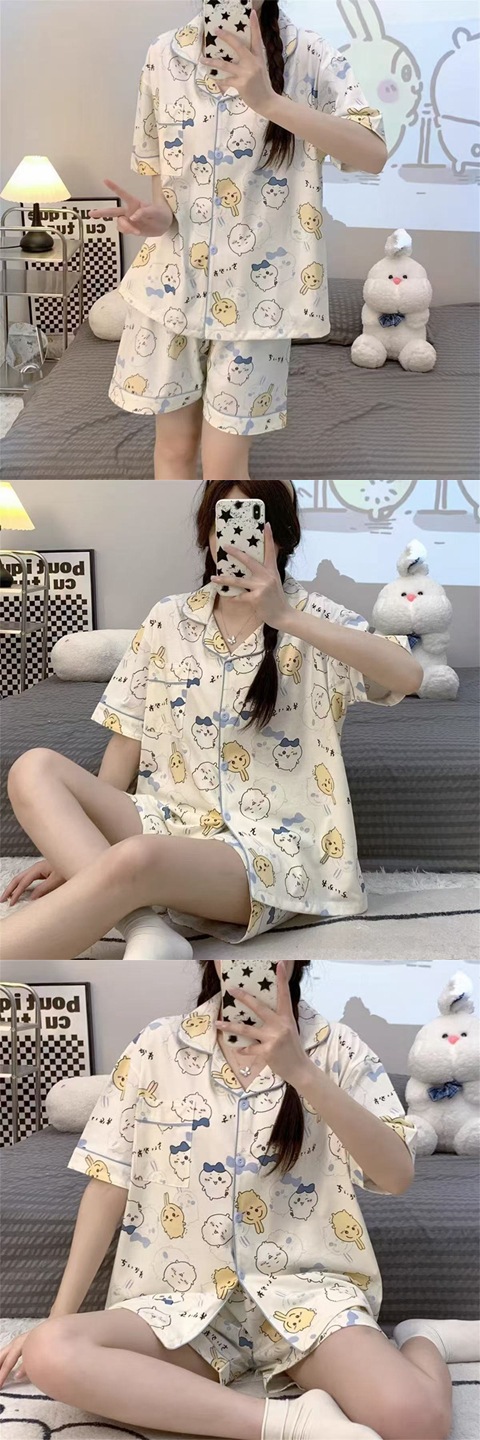 ins Fresh pajama women Summer short sleeves and shorts Korean cardigan plus-size Korean Japanese-style home wear two-piece set pic 61
