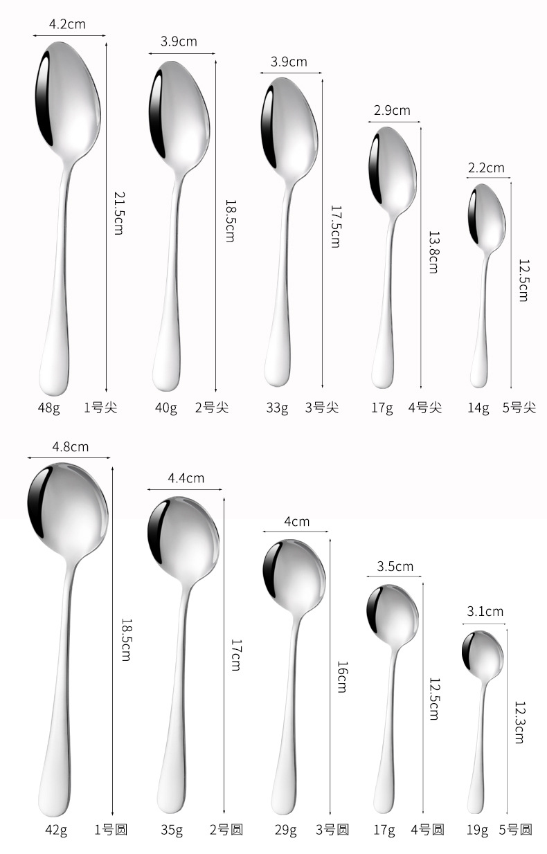 1010不锈钢勺子家用加厚吃饭圆勺甜品调羹镜面亮光西餐具尖勺批发详情10