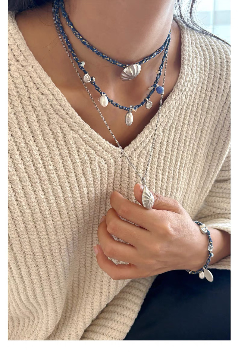 欧美时尚褶皱贝壳复古编绳项链小众设计淡水珍珠度假风叠戴锁骨链详情4