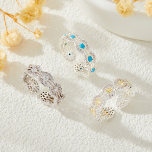 Light luxury high-end color gemstone open ring, slightly inlaid with zirconium blue pine emerald champagne adjustable ring in copper alloy pic 6