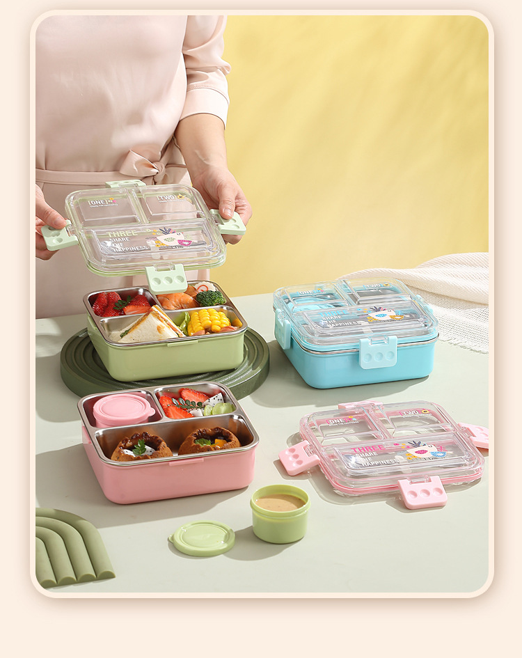 Estudiante con dip box nuevo plato de acero inoxidable comida ligera caja de bento sellada split box lunch cuadrado lunch box plástico pic 7