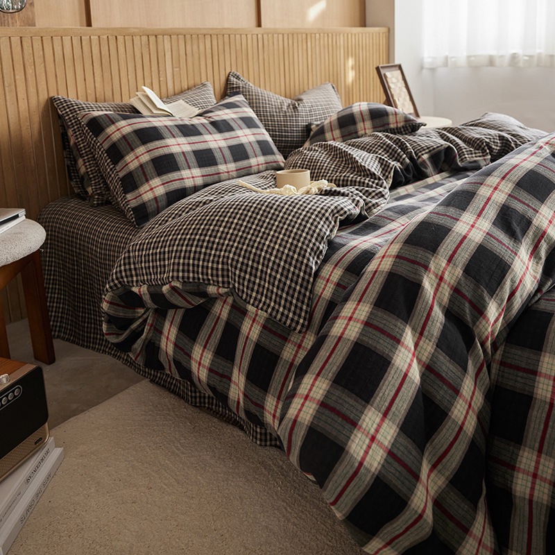 All-cotton Class A double-layer yarn four-piece set, double-layer yarn quilt cover and bed sheet four-piece set, pure cotton double-layer yarn checkered four-piece set pic 3