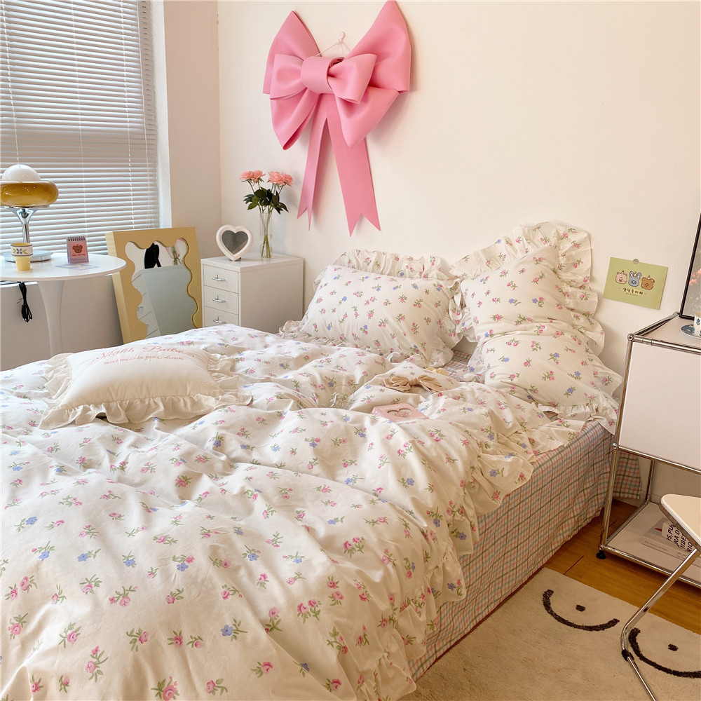 French Hepburn style pure cotton four-piece set, high-end feel, pure cotton black and white sketch flower duvet cover, all-cotton edge bedding pic 36