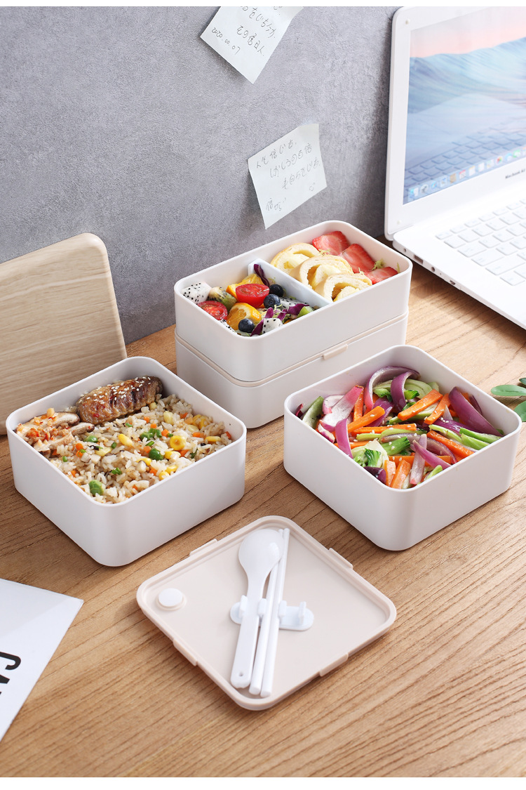 Creative wood-grain square double-layer strap lunch box, travel layered insulated bento box, pp microwave-safe preservation box pic 22