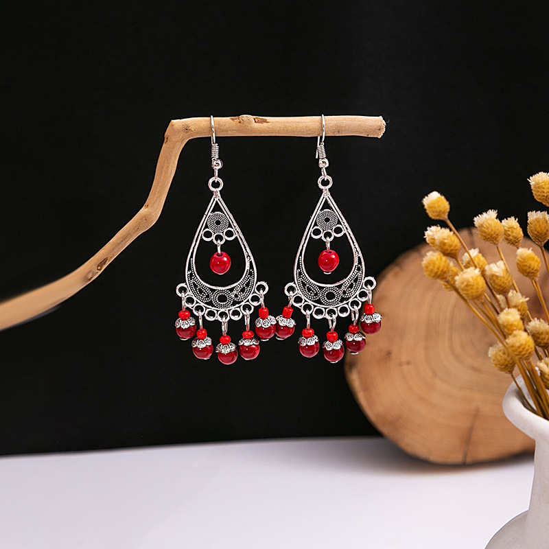 欧美波西米亚蓝松石民族风耳钉 仿苗银金属耳坠复古流苏耳饰批发详情26