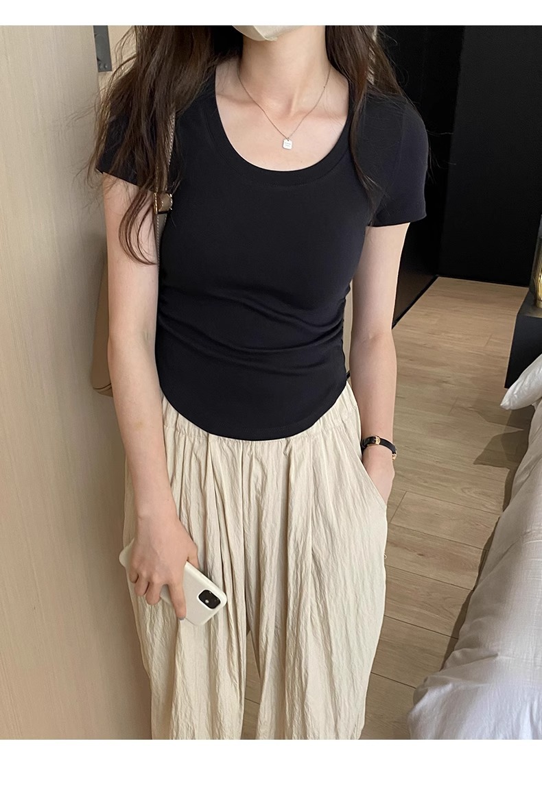 辣妹正肩紧身短袖T恤女 2025夏季新款直播显身材 茶艺风格低领紫色上衣 女式T恤青春时尚潮流详情26