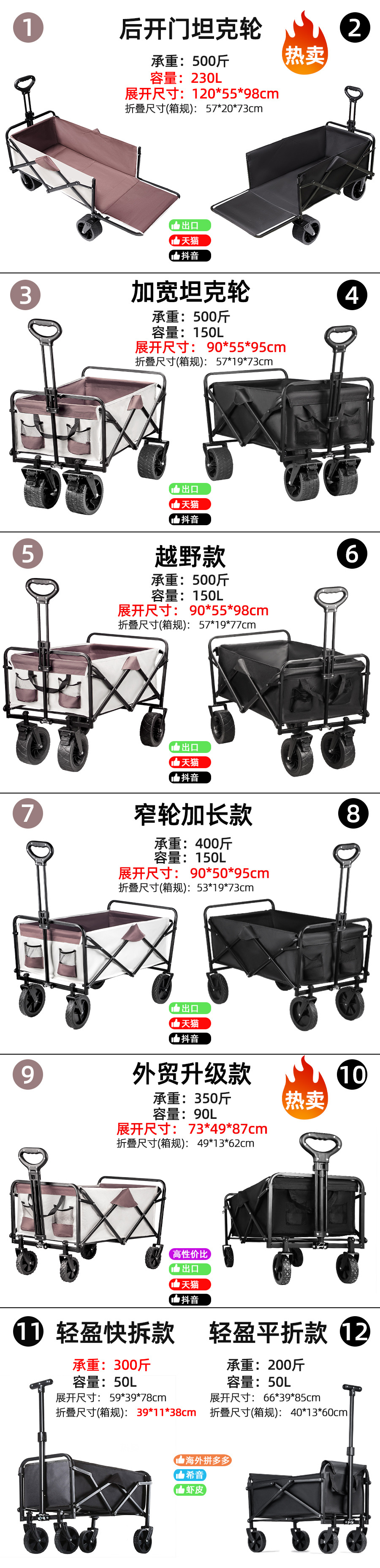 Jingyiqiang load-bearing camping vehicle, large outdoor trolley, folding hand-pushed campsite vehicle, portable picnic camping vehicle, cross-border pic 2