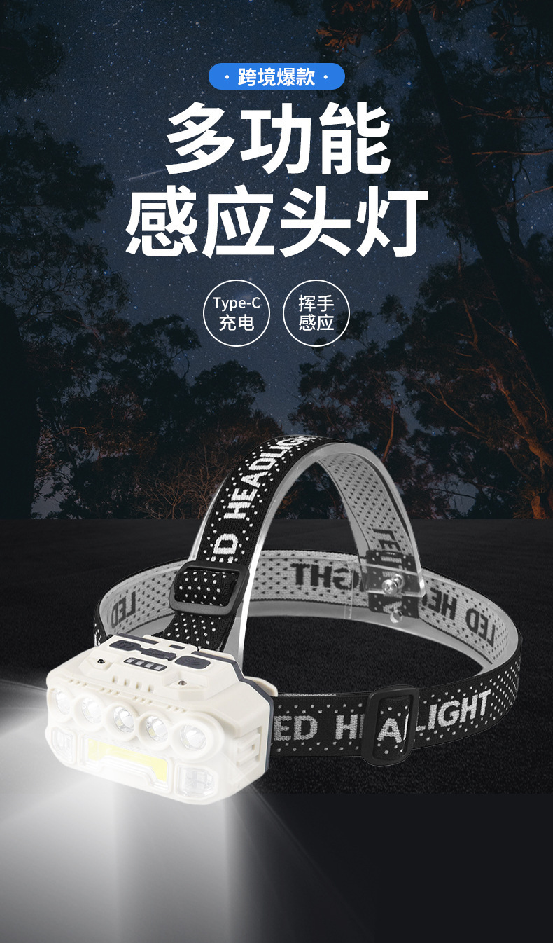 LED plastic headlamp, outdoor cycling and night running strong headlamp, USB charging with red and blue flashing sensor headlamp pic 7