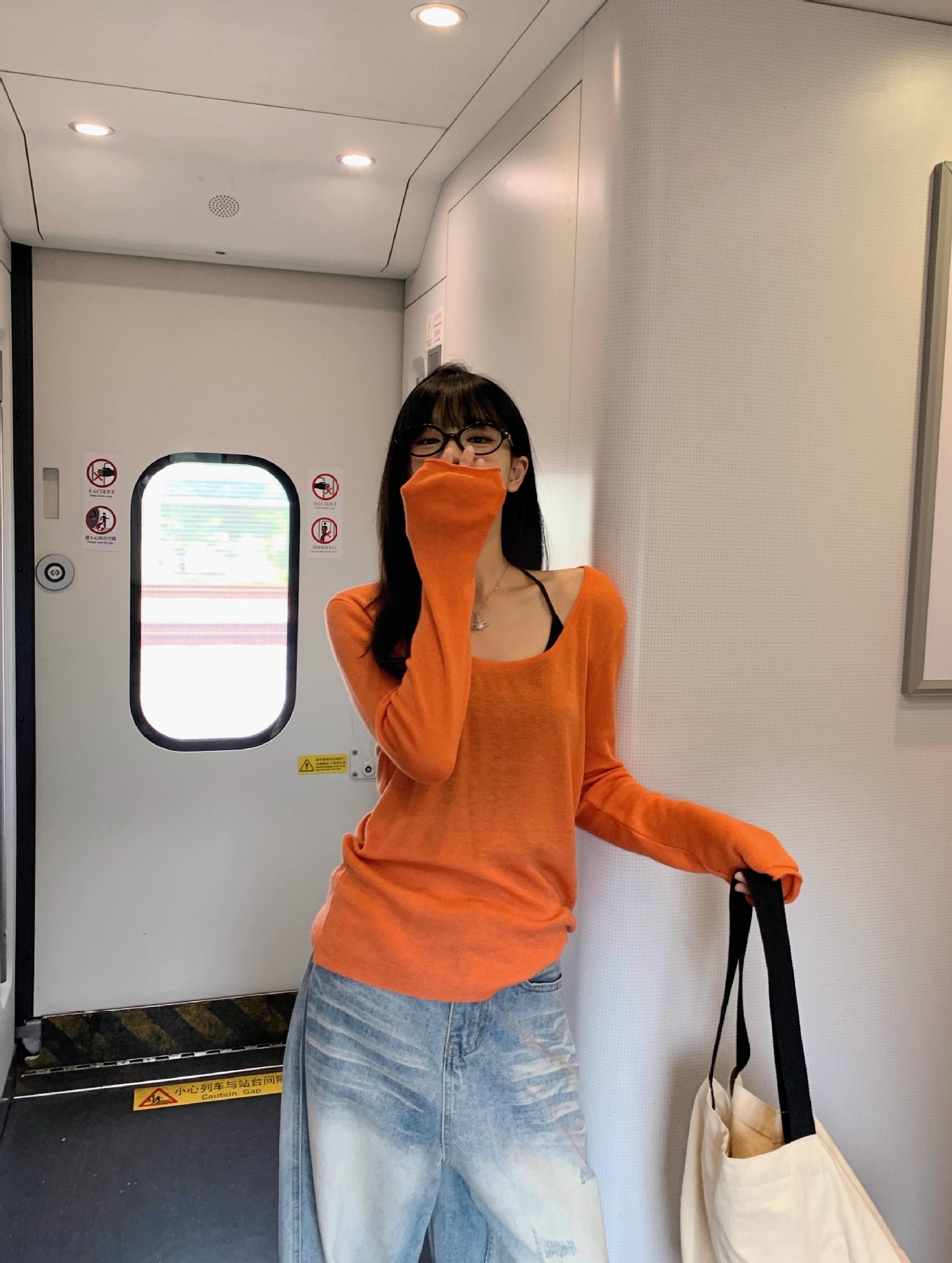 2025夏纯欲橘色薄款长袖防晒罩衫T恤女夏季辣妹宽松休闲露肩上衣详情9