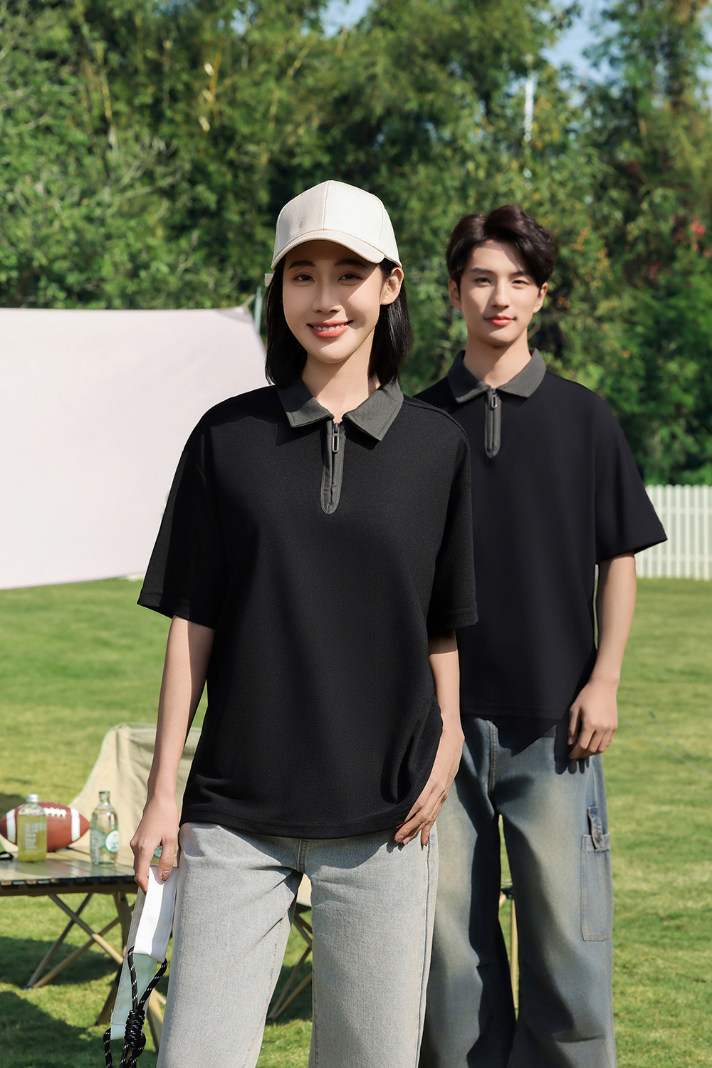 半拉链撞色polo衫工作服定制落肩翻领短袖刺绣学院风个性班服印字详情31