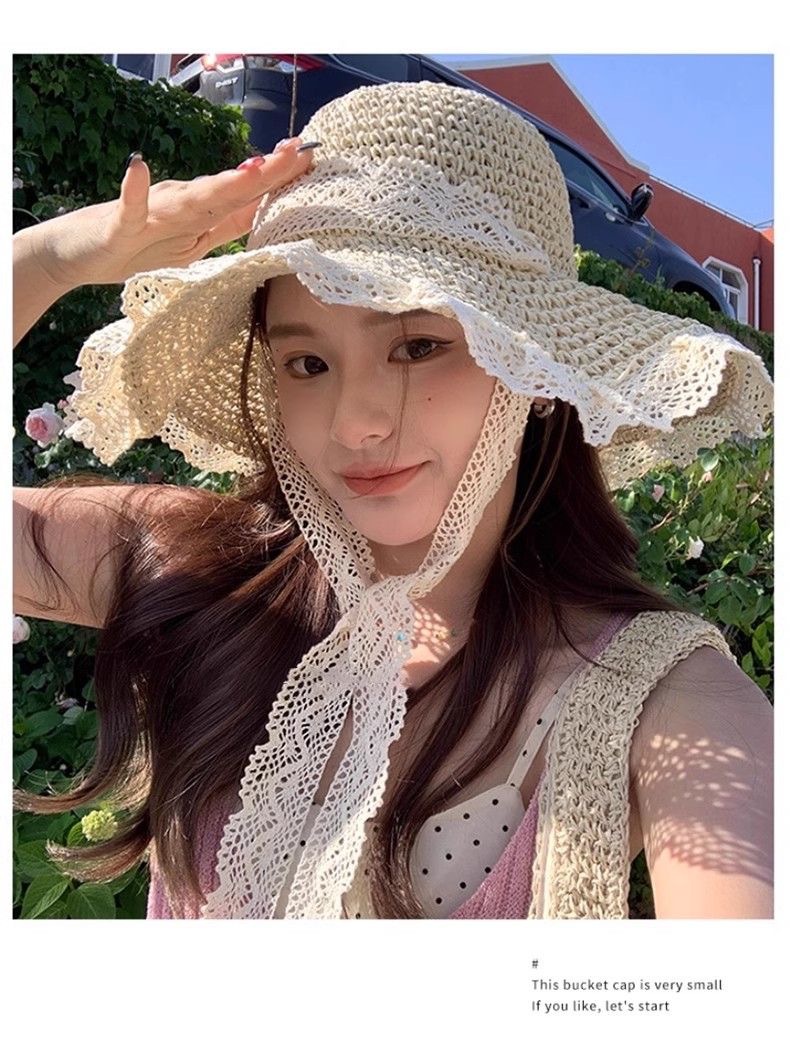 草帽海边帽子ins系带草编帽女出游防晒沙滩太阳帽蕾丝遮阳帽详情2