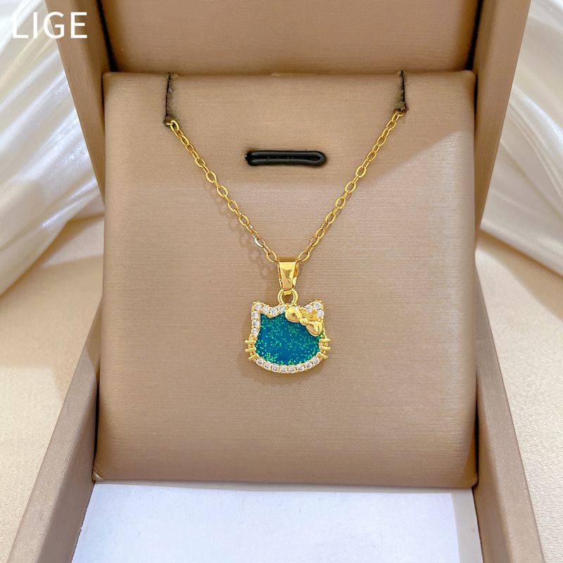 【钛钢】炫彩蝴蝶结猫咪轻奢气质华丽满钻项链女百搭锁骨钛钢链详情10