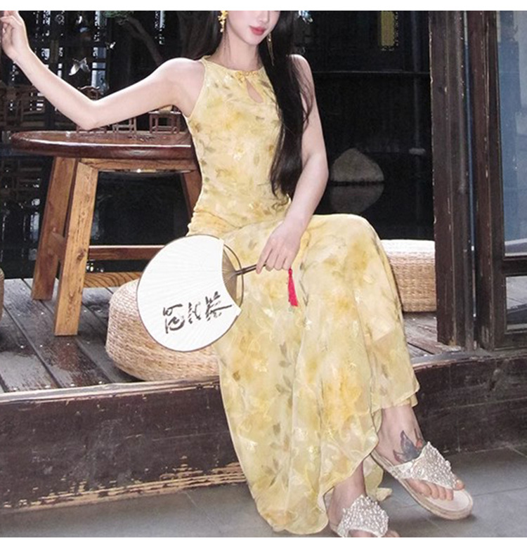 【 Spring Knowledge and Tangxin 】 New Chinese-style traditional Chinese cut-and-shoulder modified cheongsam mid-length dress, elegant printed long dress pic 13
