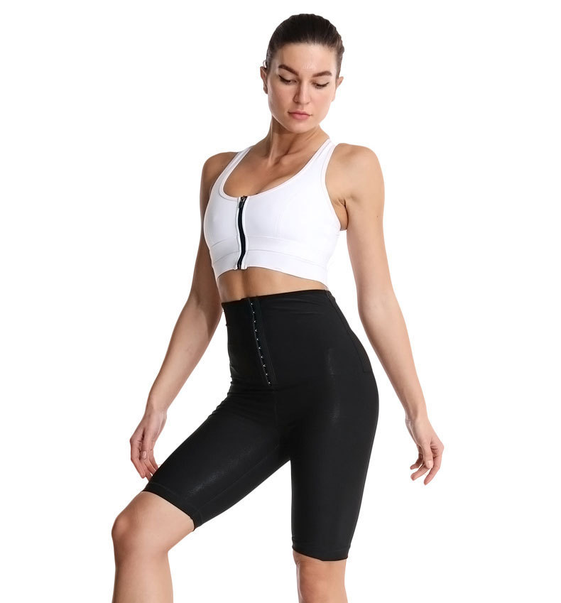 T跨境专供夏季涂层暴汗五分裤高腰排扣运动紧身裤跑步发汗运动裤详情7