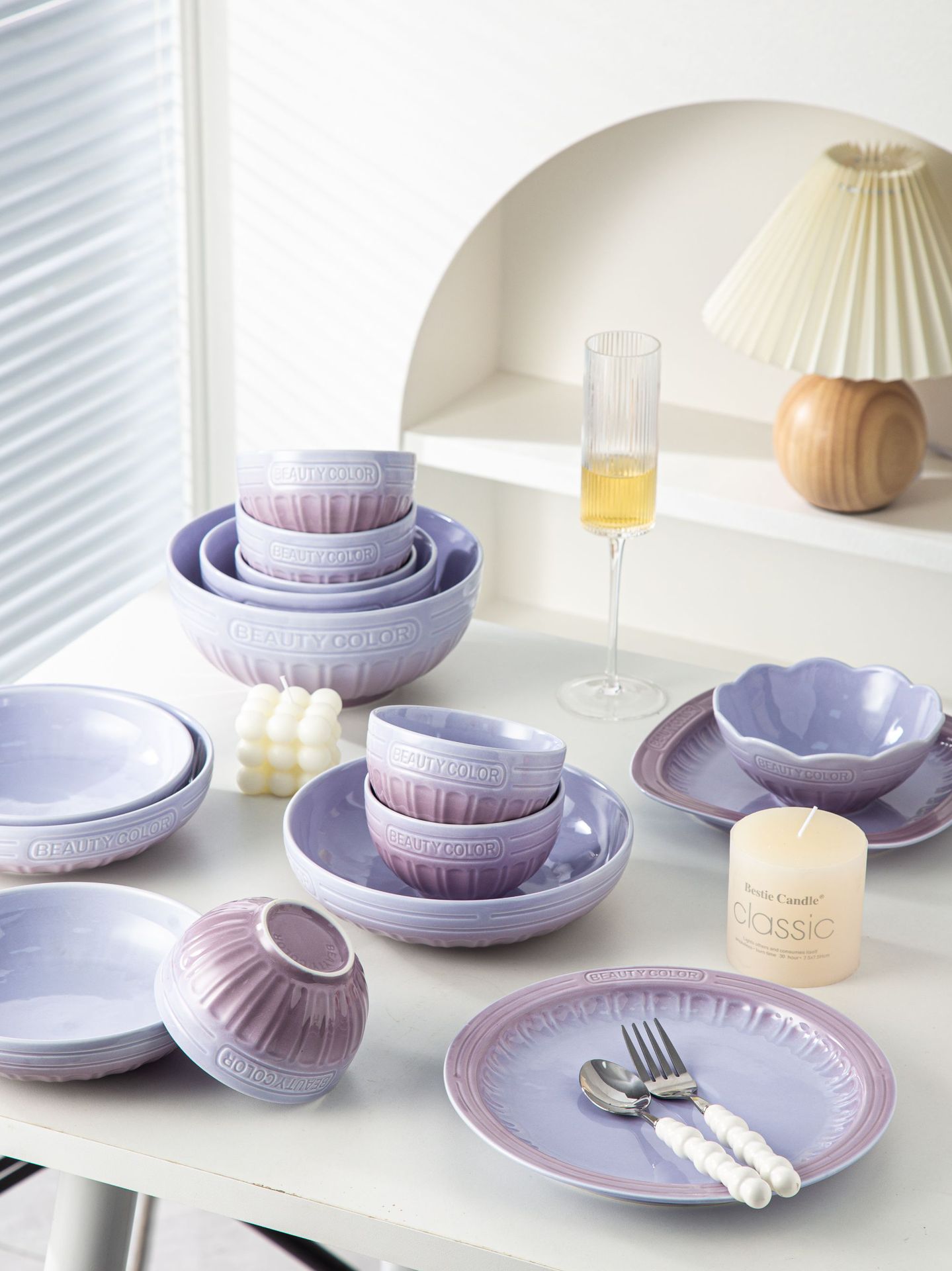渐变紫北欧高颜值碗盘套装家用陶瓷米饭碗圆盘汤碗乔迁高级感餐具详情5