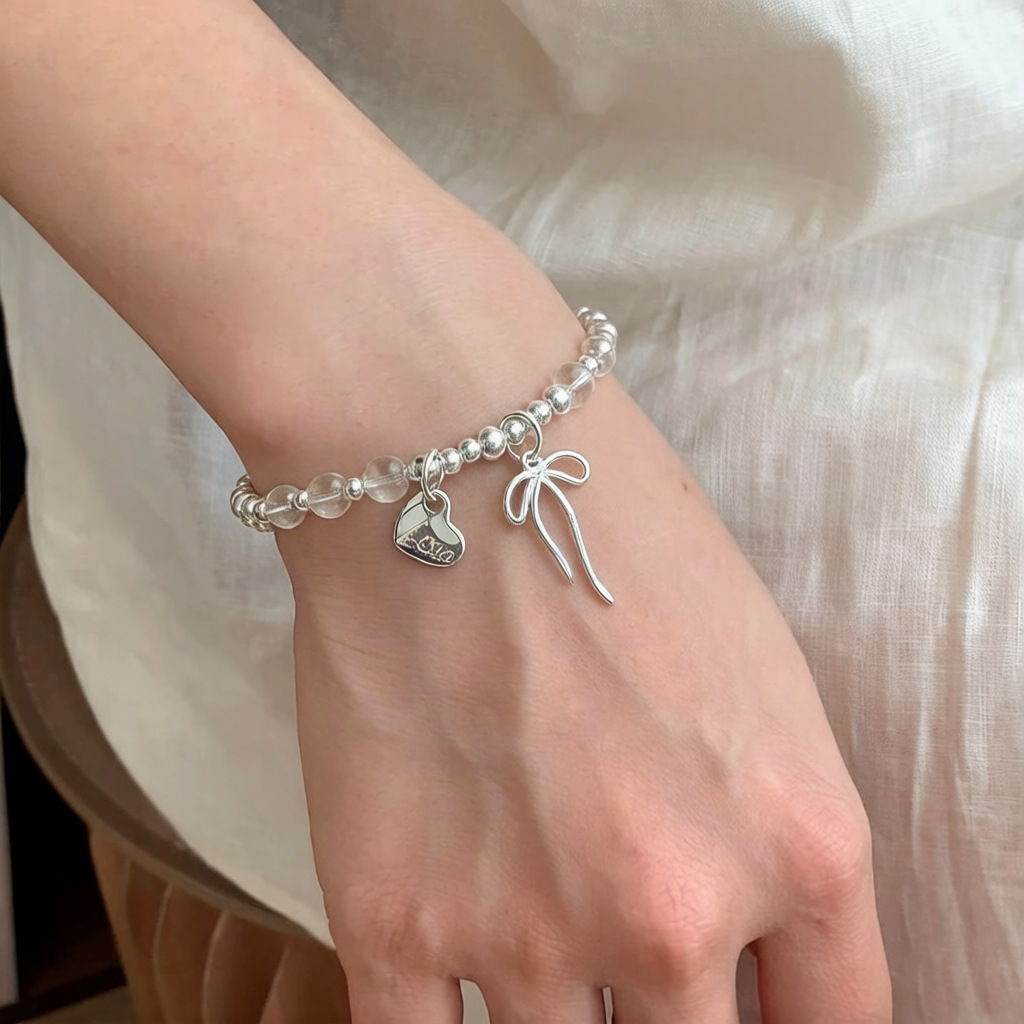 S925 pure silver white crystal bow bracelet for women, an Instagram niche design sense, a heart bracelet with a light luxury and high-end feel pic 1