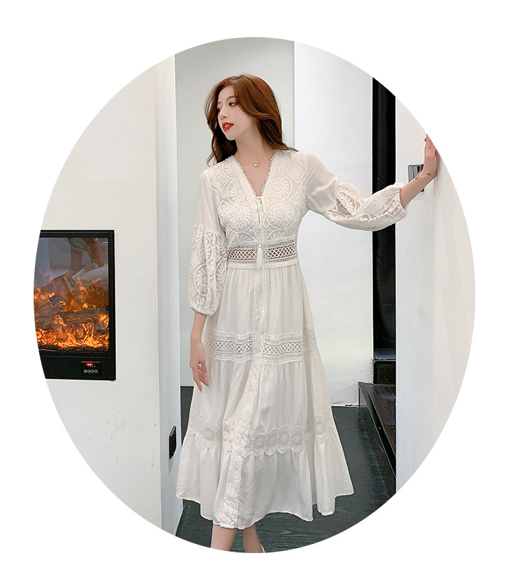 2024流行款连衣裙春夏白色甜美法式泡泡袖过膝长裙沙滩裙出游裙子详情20