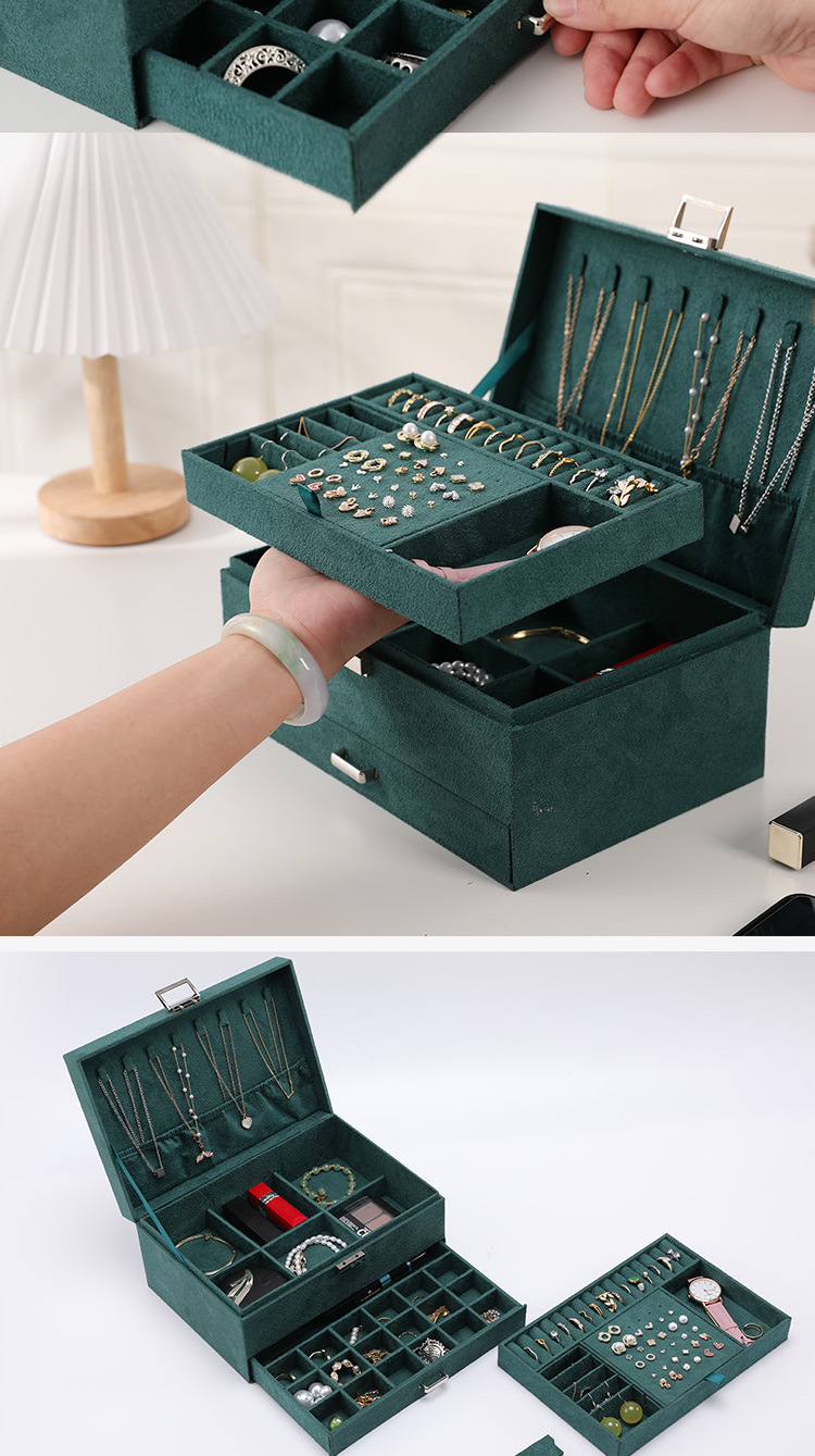 绒布首饰盒三层带锁珠宝项链收纳盒手表耳饰耳钉戒指盒大容量详情10