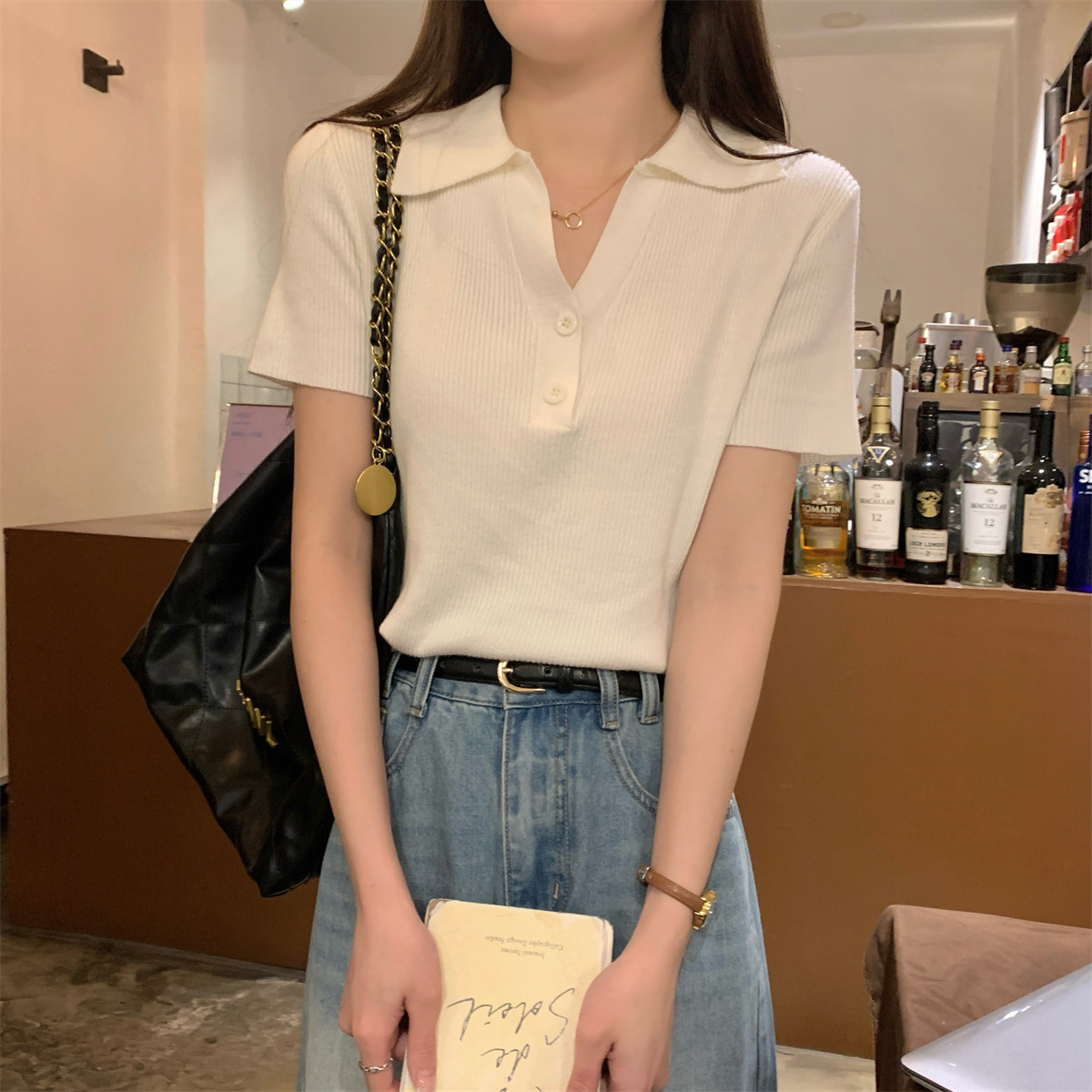 韩系坑条针织T恤夏季修身显瘦polo翻领正肩短袖女上衣气质打底衫详情11