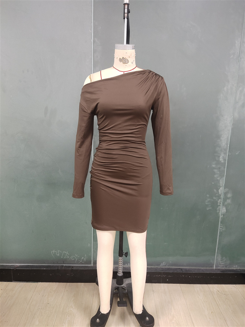 Cross-border foreign trade ins European and American solid-color fitted dress 2025 Autumn new style off-the-shoulder long-sleeved dress, body-hugging dress pic 18
