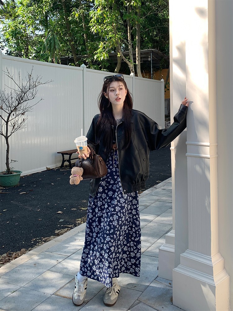 重工做旧复古复古PU皮翻领外套女早秋新款宽松百搭气质夹克上衣详情2
