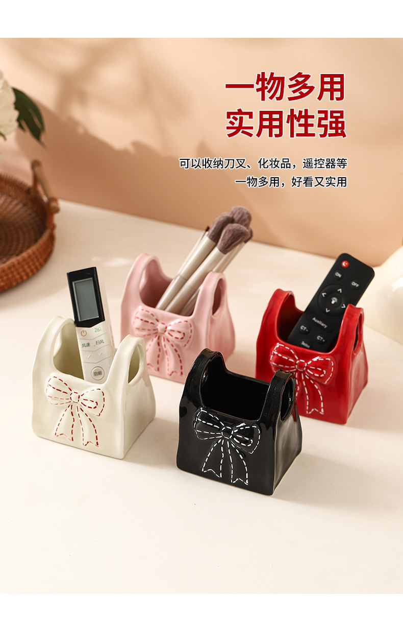 Desktop remote control, makeup brush storage box, creative bow, ceramic pen holder, home organizing stationery storage box pic 9