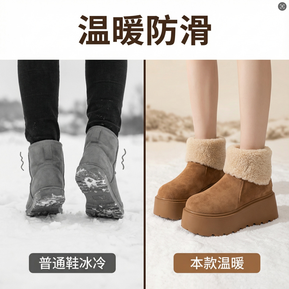 厚底增高雪地靴女2025新款冬季加绒保暖毛毛短靴时尚丑萌大头棉鞋详情11