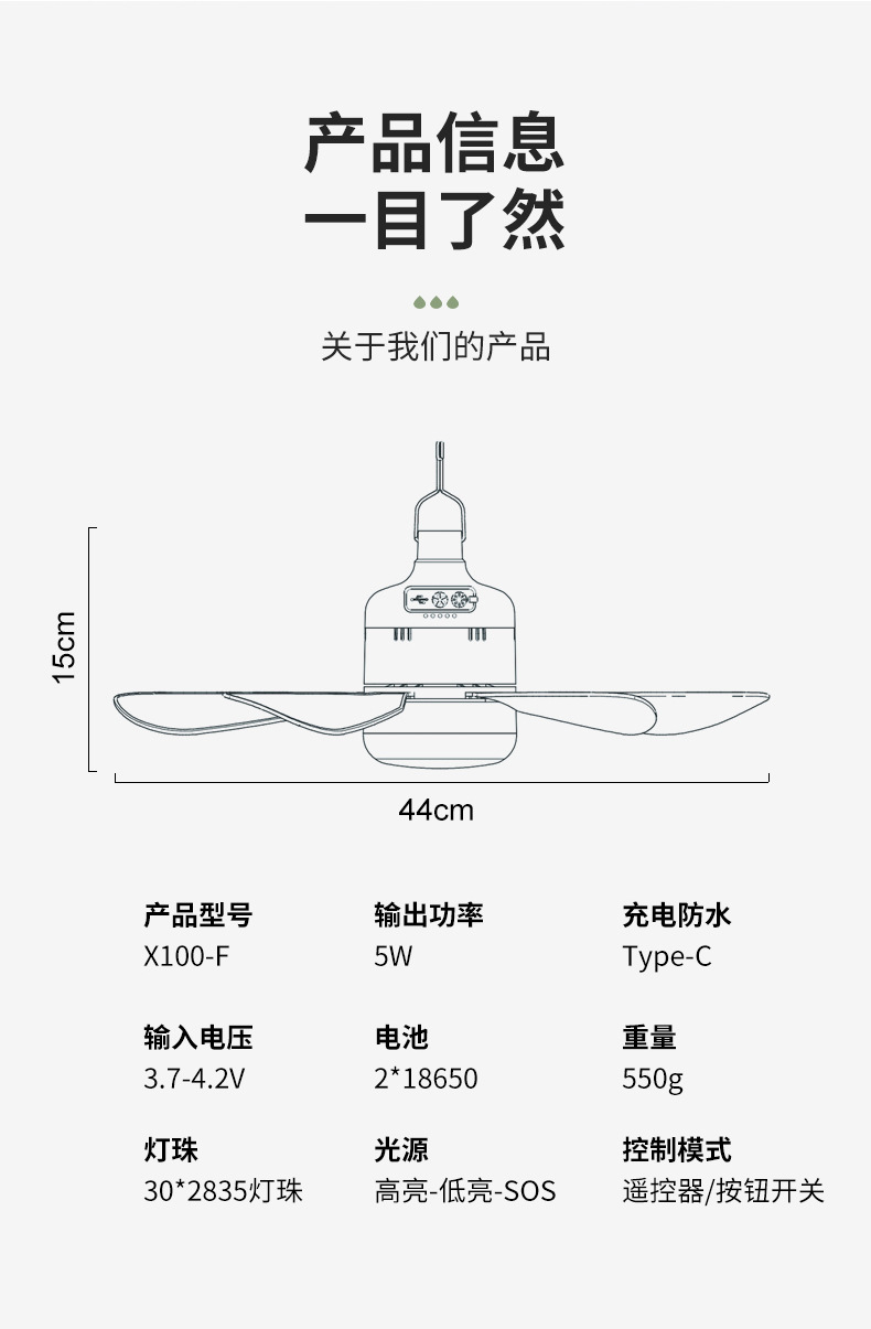 户外迷你吊扇灯便携静音充电帐篷宿舍照明风扇灯饰灯具详情10