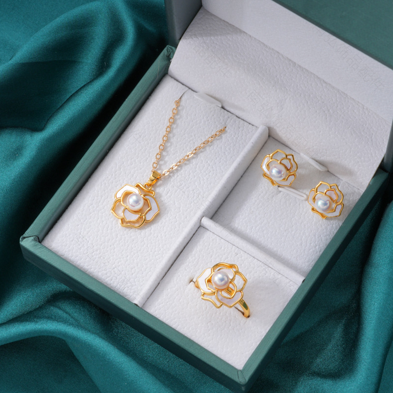 Pearl ring, earneedle pendant, three-piece set, empty stand, four-petal flower, white butterfly shell design, high-end DIY light luxury earrings pic 27