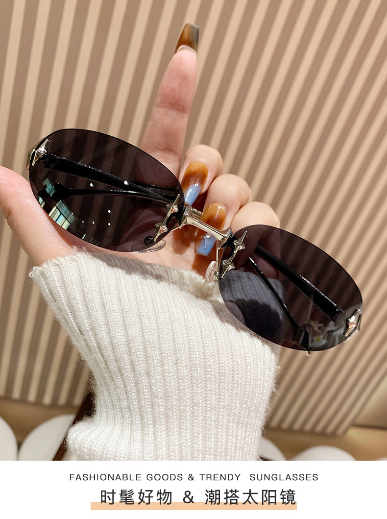 欧美无框椭圆复古高级感墨镜Y2K辣妹个性户外防晒星星跨境墨镜女详情1