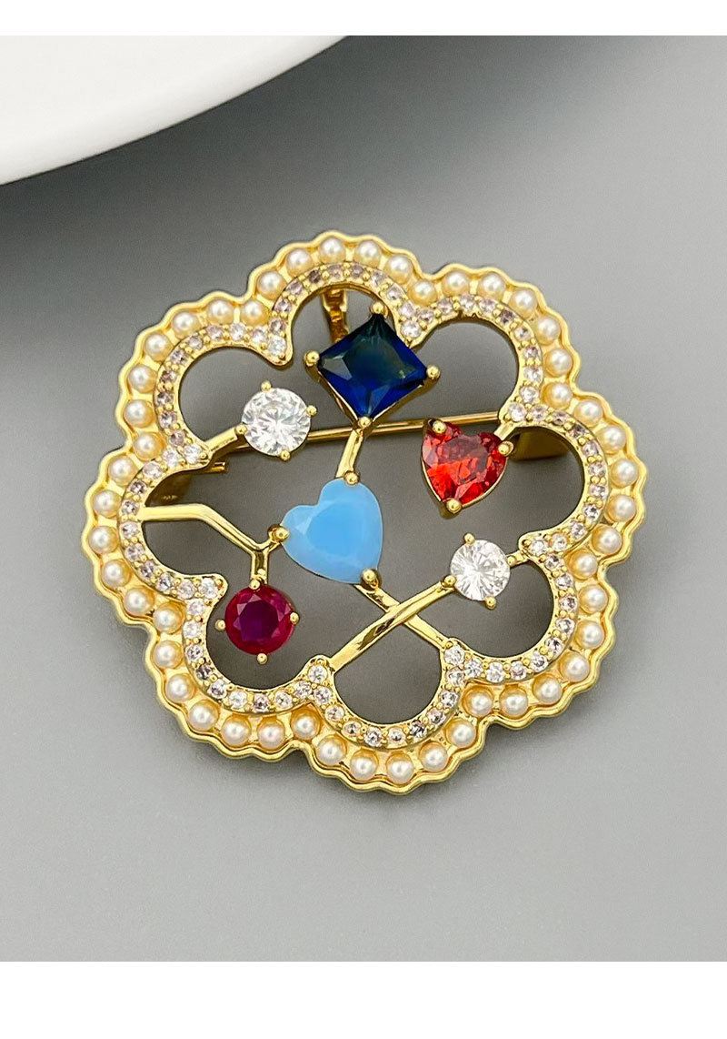 Sweet and exquisite colored gemstone hollowed-out flower brooch, copper alloy micro-inlaid zircon, light luxury and high-end dress brooch pic 19