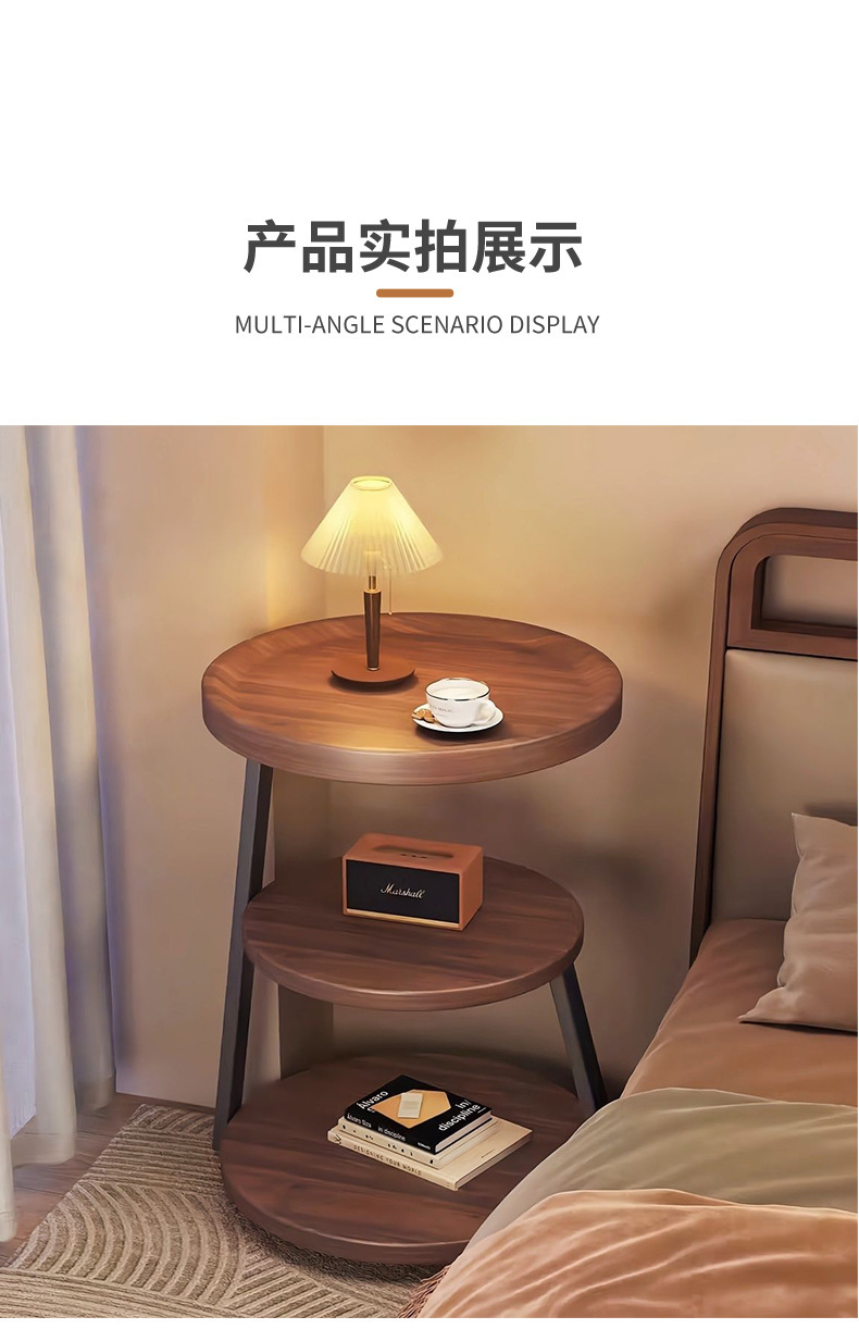 The bedside table is a small, vintage, creative round table for home use. It is a three-story bedroom bedside storage rack with a unique design sense pic 13
