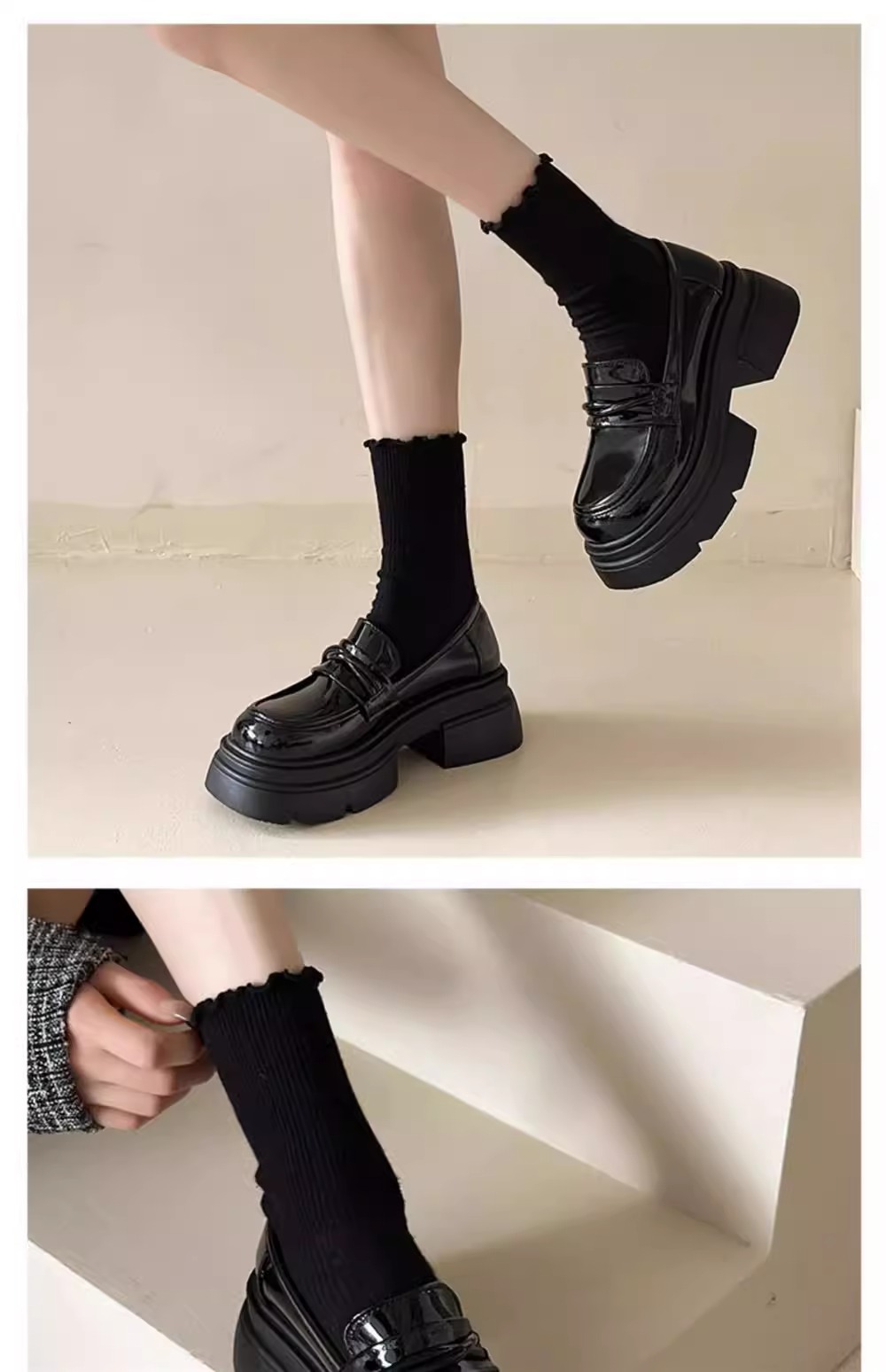 牛皮版~英伦风厚底真皮小皮鞋女复古黑色休闲松糕鞋一脚蹬乐福鞋详情4