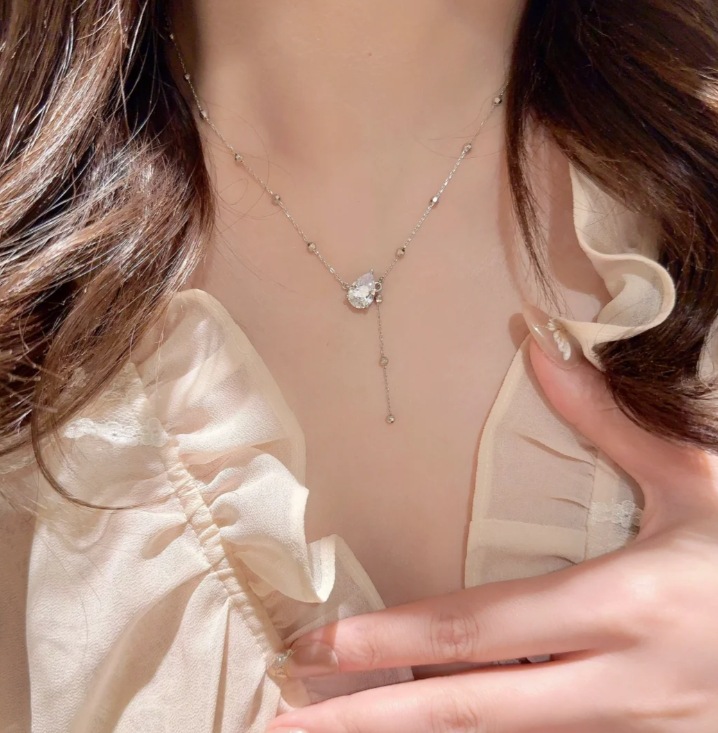 S925纯银鸽子闪钻金珠Y字水滴锆石项链女轻奢高级锁骨链吊坠配饰详情4