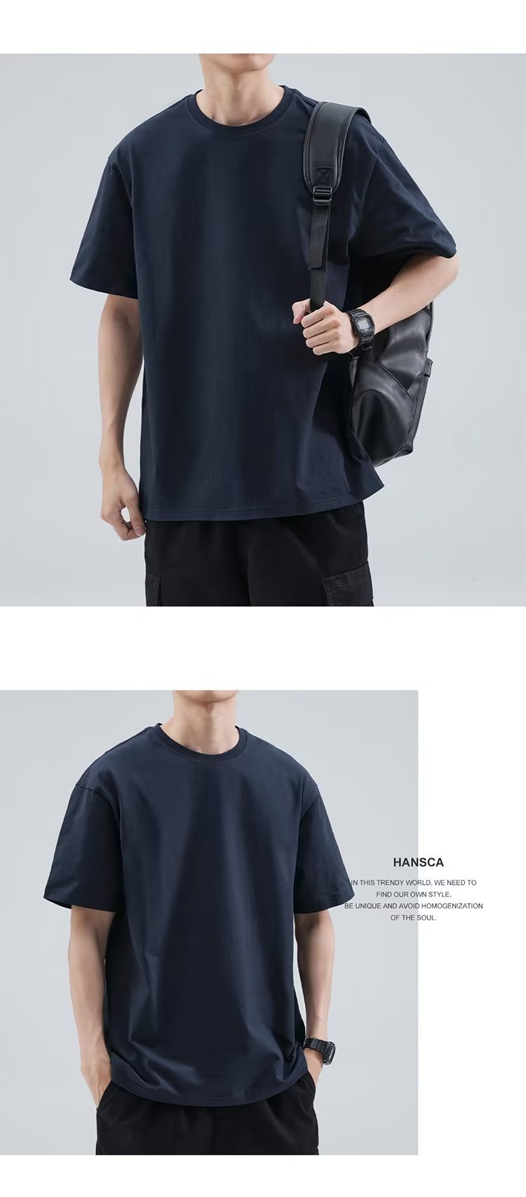 港风短袖t恤男士夏季宽松大码男装潮牌白色体恤简约百搭纯色半袖详情8