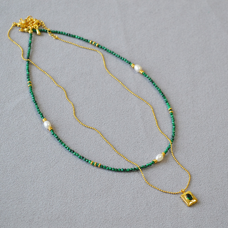 法式小众文艺复古孔雀石串珠祖母绿几何方形吊坠双层叠戴气质项链详情7