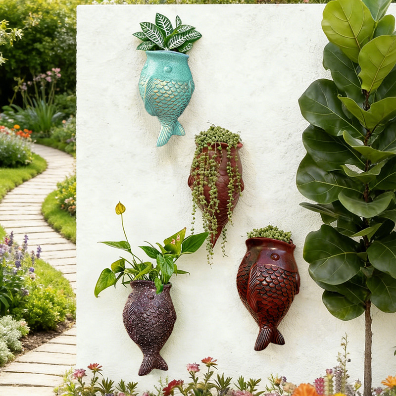 Wall-mounted spotted fish flowerpots, green ivy wall-hanging, simple European-style hanging, no need for drilling, outdoor decorative flower vases for villas pic 8