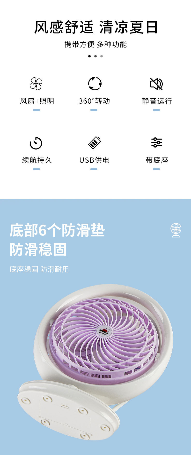 USB蓄电台扇带LED灯充电小风扇2合1学生便携式风扇灯桌面台灯风扇详情2