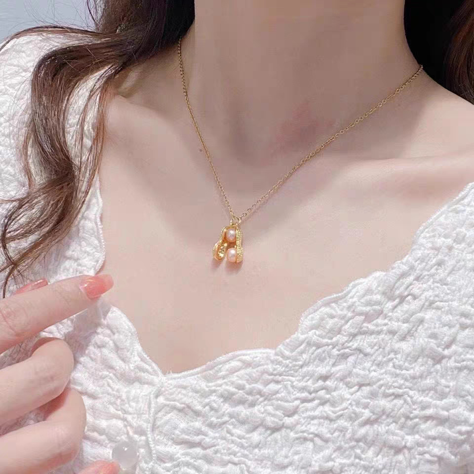 日韩轻奢18K铜微镶满钻花生珍珠吊坠时尚ins个性锁骨链饰品吊坠详情2