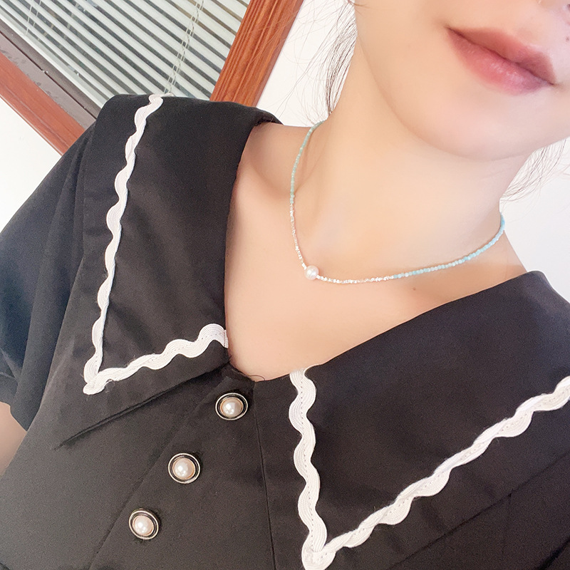 S925纯银蓝色彩石天然淡水珍珠项链拼接碎银女2023新款轻奢锁骨链详情3