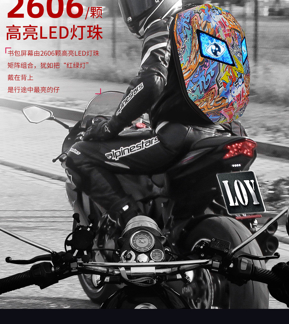 跨境新款钢铁侠背包机车发光LED防水摩托车骑行头盔包全盔双肩包详情3
