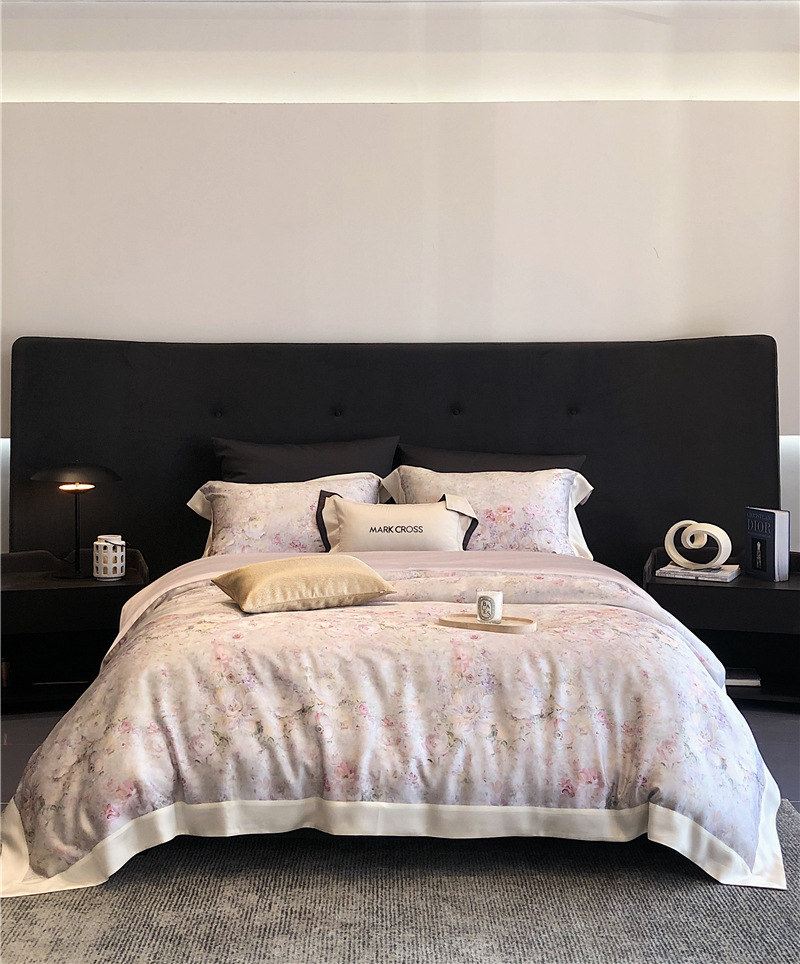 Cool ultra-fine denier Tencel summer light and cool condensation filament four-piece set, elegant printed sweat-absorbing nude bedding pic 32