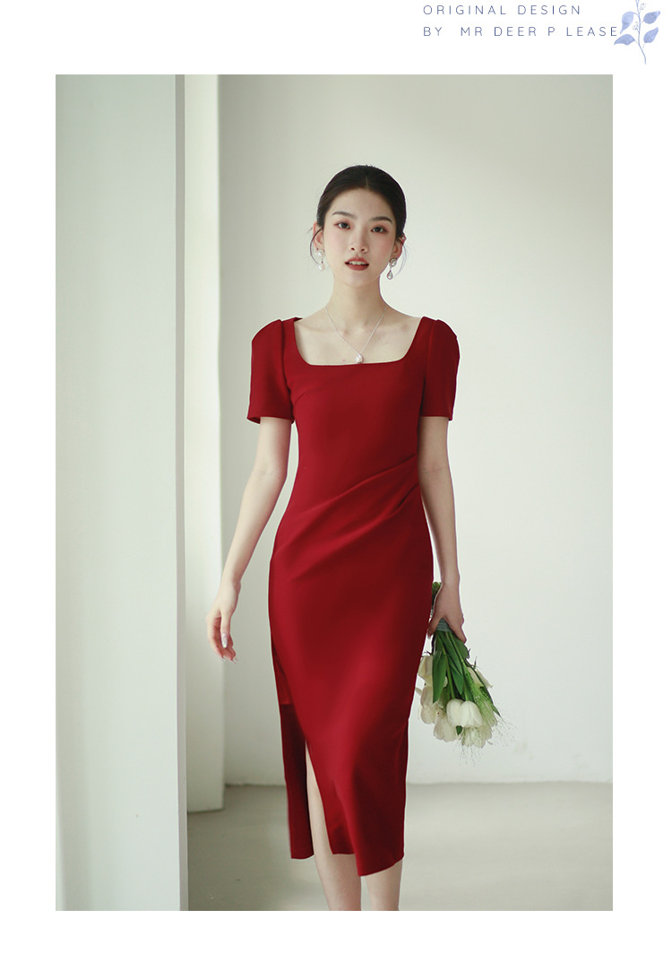 白色法式小礼服方领短袖修身微弹力长款领证订婚小晚礼服连衣裙详情22